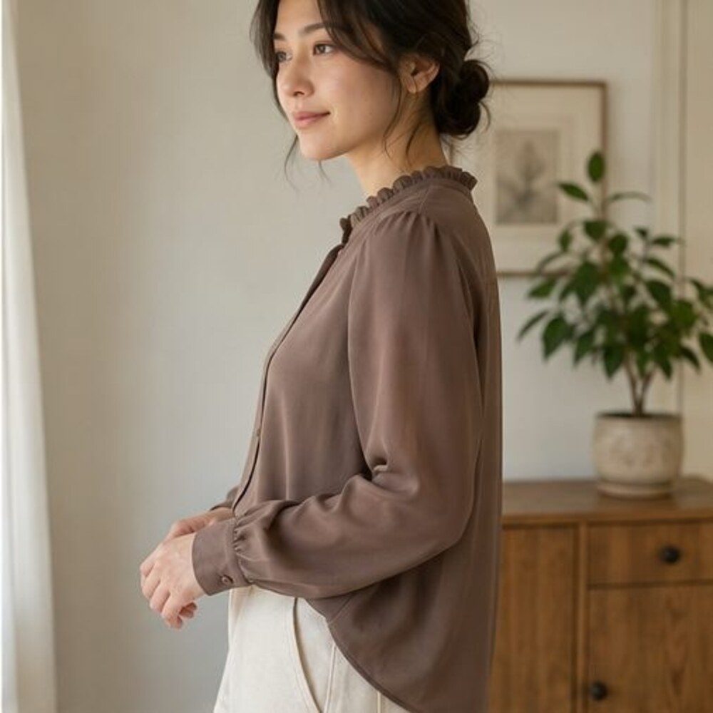 Mocha Ruffle Collar Blouse - Picture 3 of 6